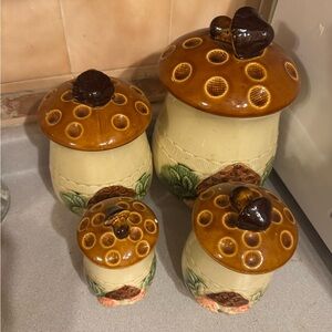 Vintage Ceramic Mushroom Canister Set in Brown and Cream Made in Japan
